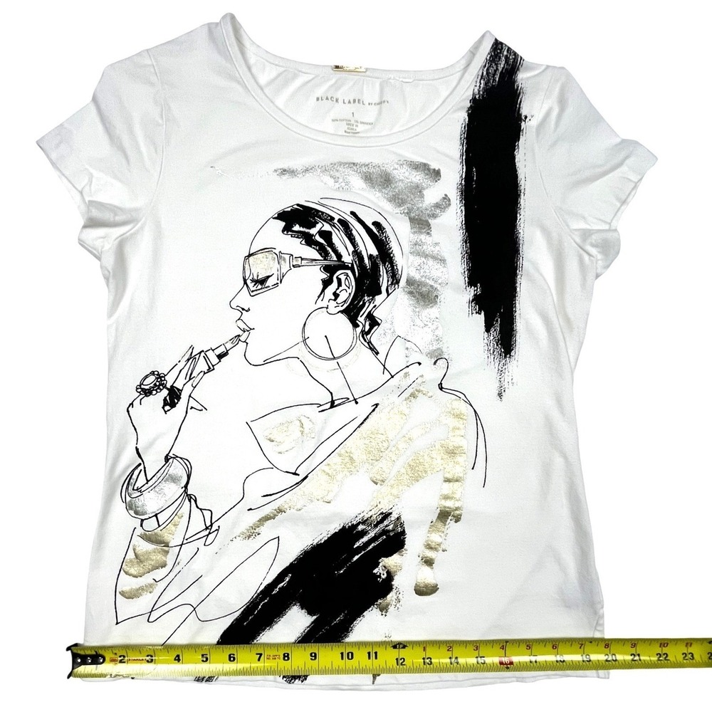 Chico's Black Label White Graphic T-Shirt Metallic Gold Silver Foil Woman Size 1 - Picture 4 of 7